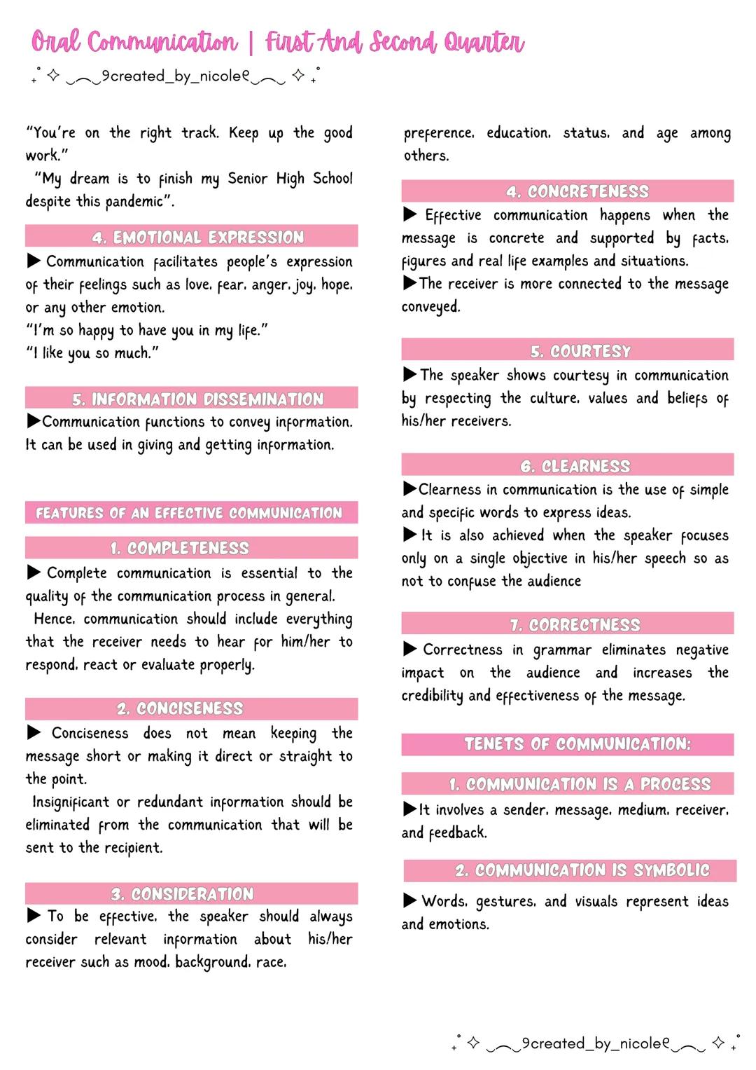 --- OCR Start ---
Oral Communication | First And Second Quarter
+ 9created_by_nicolee
Lesson 1: Communication
COMMUNICATION
โบis a process of