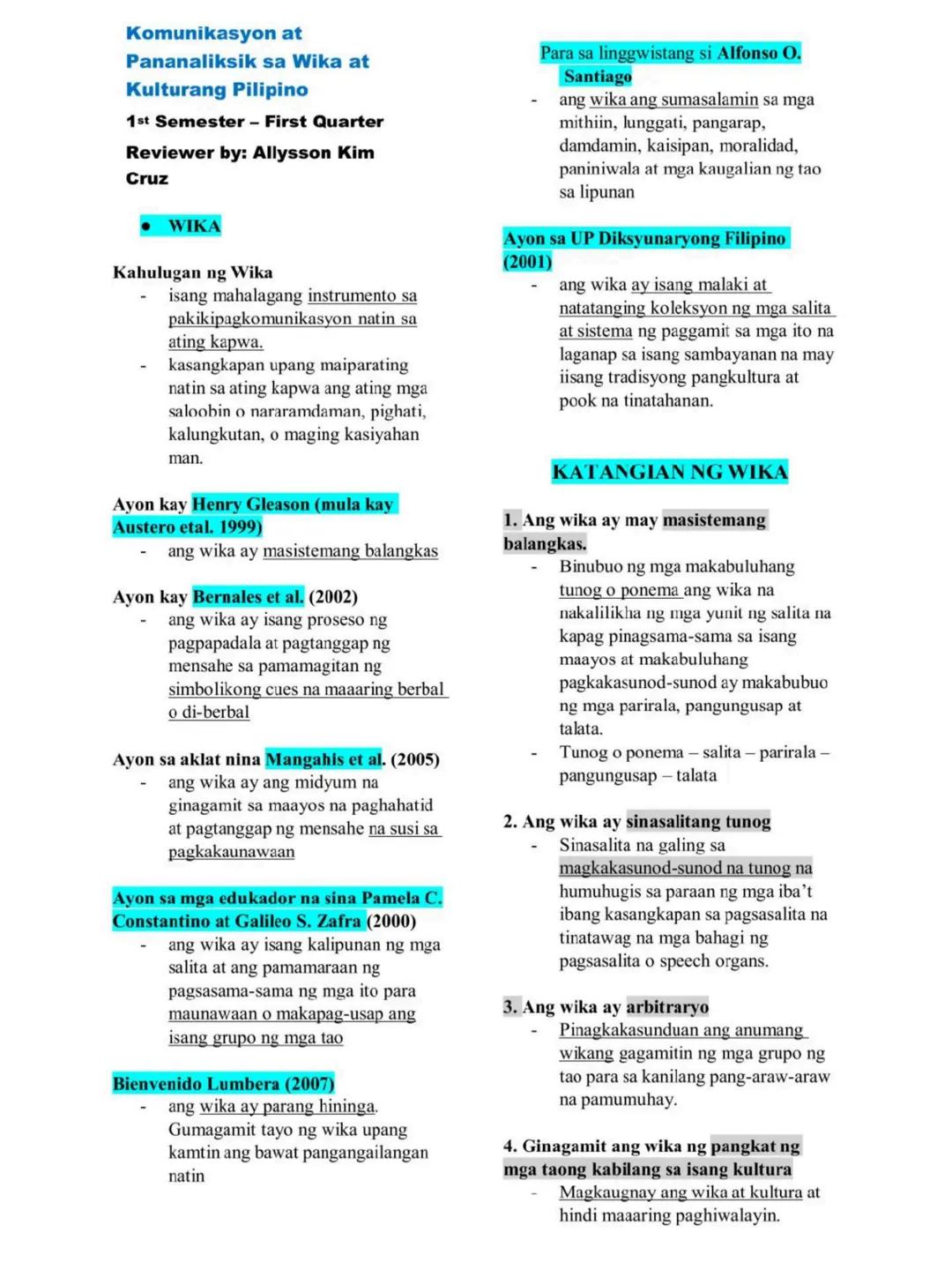 Komunikasyon at
Pananaliksik sa Wika at
Kulturang Pilipino
1st Semester - First Quarter
Reviewer by: Allysson Kim
Cruz
● WIKA
Kahulugan ng W
