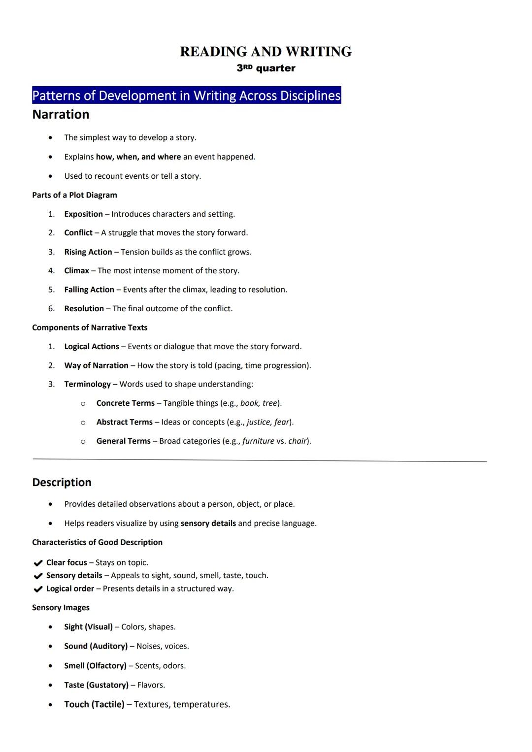 READING AND WRITING
3RD quarter
Patterns of Development in Writing Across Disciplines
Narration
- The simplest way to develop a story.
- Exp