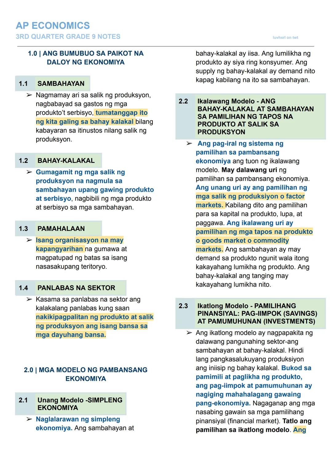 AP ECONOMICS
3RD QUARTER GRADE 9 NOTES
1.0 | ANG BUMUBUO SA PAIKOT NA
DALOY NG EKONOMIYA
1.1 SAMBAHAYAN
➤ Nagmamay ari sa salik ng produksyo