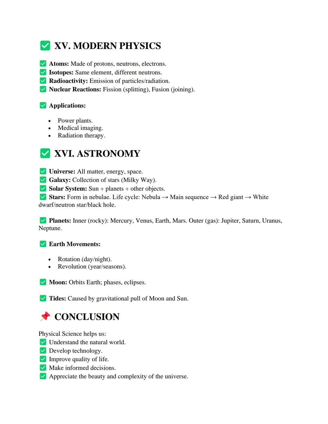 PHYSICAL SCIENCE NOTES
I. INTRODUCTION TO PHYSICAL SCIENCE
Definition:
Physical Science is the study of non-living systems, covering the fun