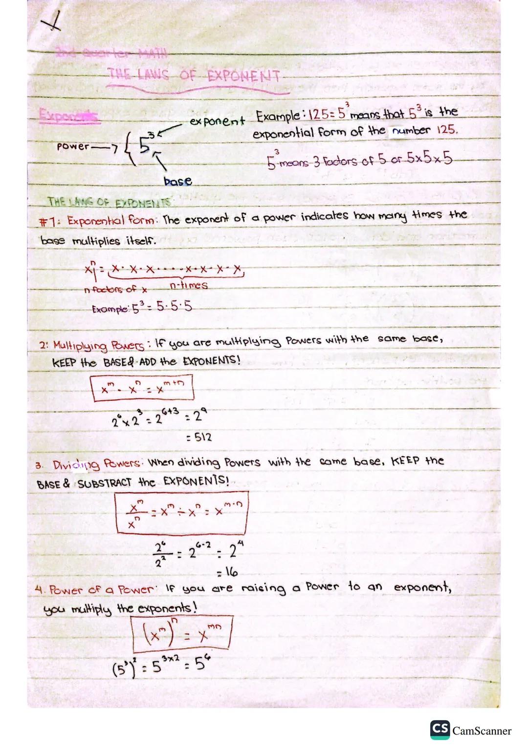 THE LAWS OF EXPONENT-
Expor
base
THE LAWG OF EXPONENTS
3
exponent Example: 125=5 means that 5³ is the
exponential form of the number 125.
5