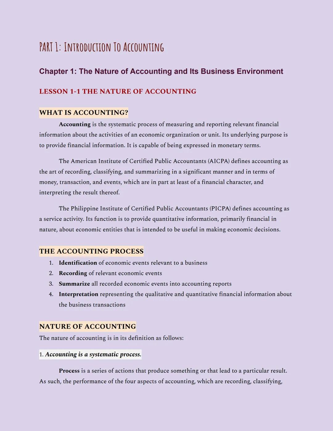 PART 1: INTRODUCTION TO ACCOUNTING
Chapter 1: The Nature of Accounting and Its Business Environment
LESSON 1-1 THE NATURE OF ACCOUNTING
WHAT