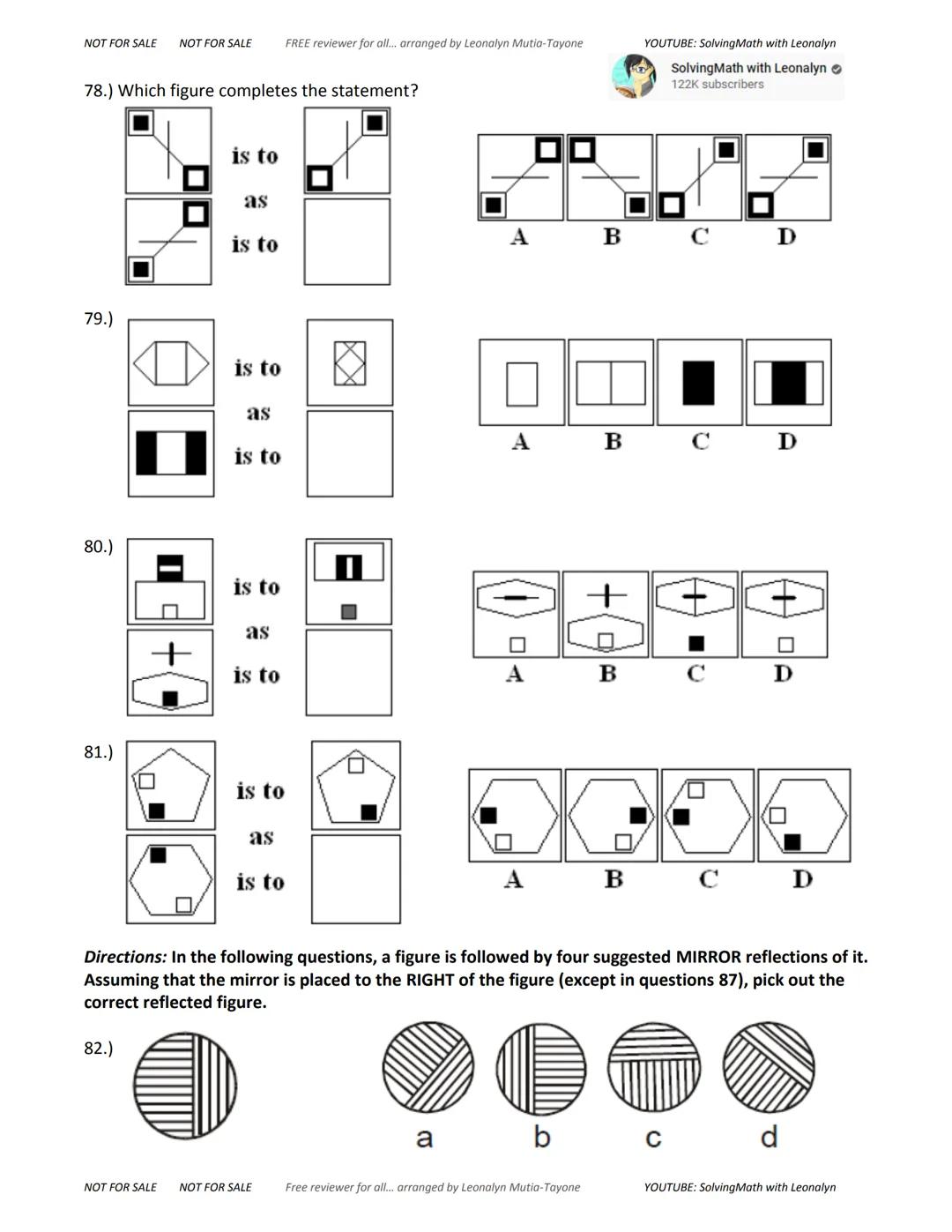 NOT FOR SALE NOT FOR SALE
FREE reviewer for all... arranged by Leonalyn Mutia-Tayone
YOUTUBE: SolvingMath with Leonalyn
ABTRACT
REASONING
in