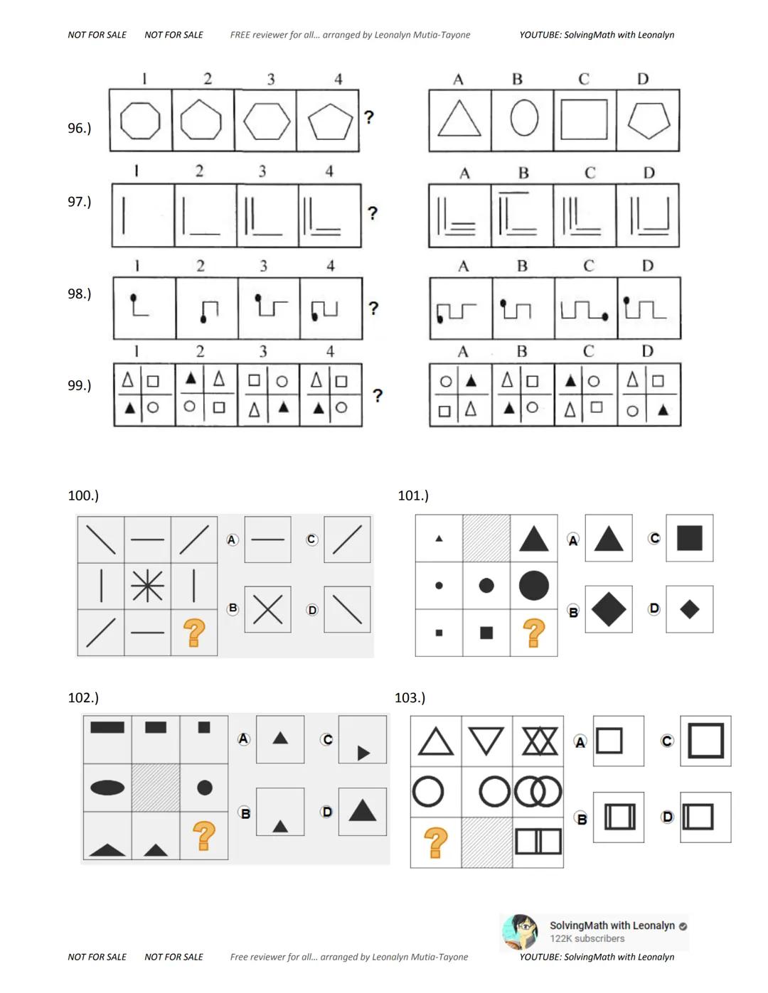 NOT FOR SALE NOT FOR SALE
FREE reviewer for all... arranged by Leonalyn Mutia-Tayone
YOUTUBE: SolvingMath with Leonalyn
ABTRACT
REASONING
in