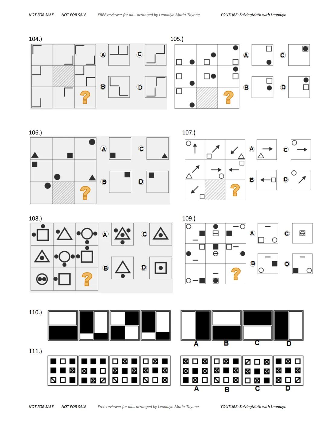 NOT FOR SALE NOT FOR SALE
FREE reviewer for all... arranged by Leonalyn Mutia-Tayone
YOUTUBE: SolvingMath with Leonalyn
ABTRACT
REASONING
in
