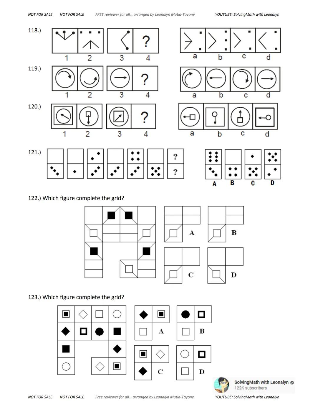 NOT FOR SALE NOT FOR SALE
FREE reviewer for all... arranged by Leonalyn Mutia-Tayone
YOUTUBE: SolvingMath with Leonalyn
ABTRACT
REASONING
in