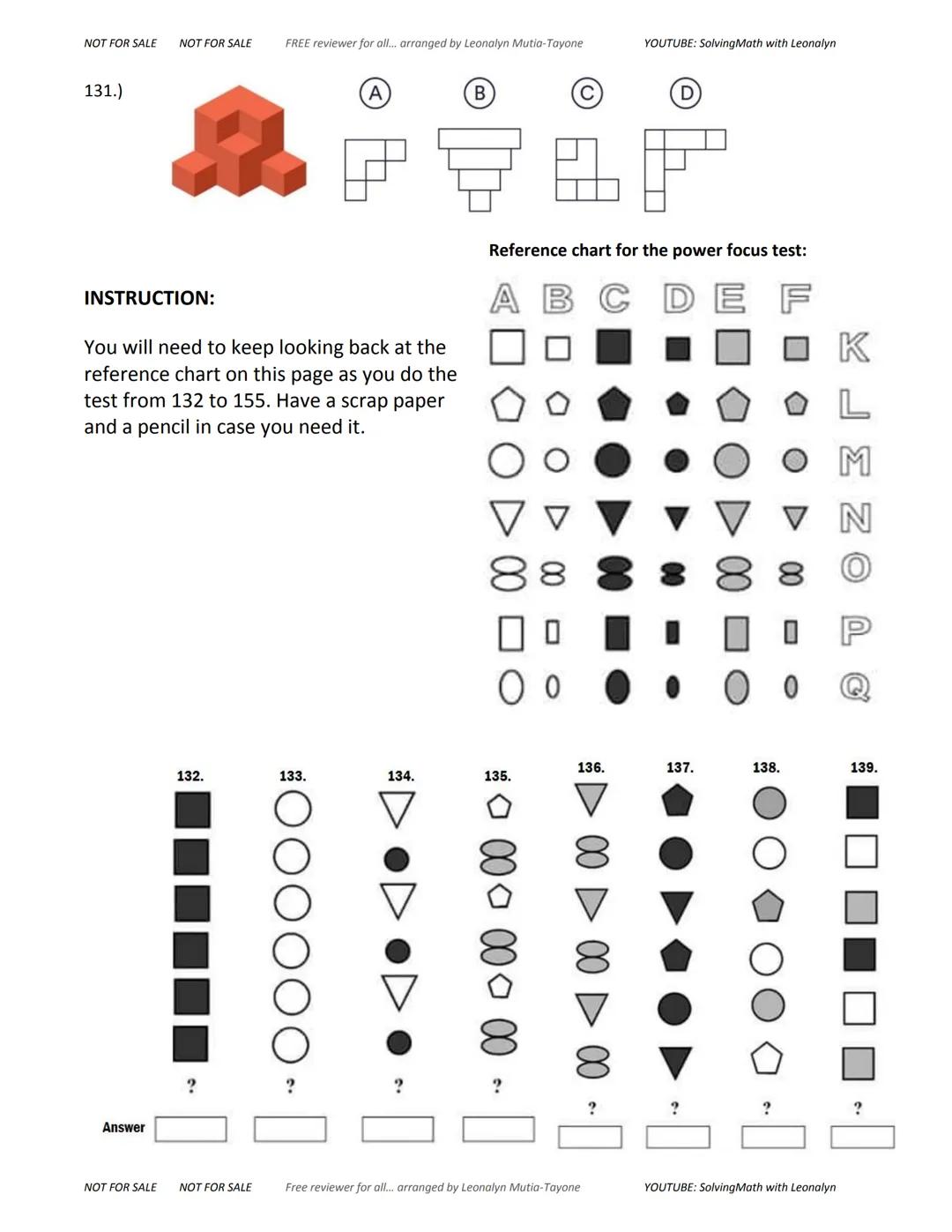 NOT FOR SALE NOT FOR SALE
FREE reviewer for all... arranged by Leonalyn Mutia-Tayone
YOUTUBE: SolvingMath with Leonalyn
ABTRACT
REASONING
in