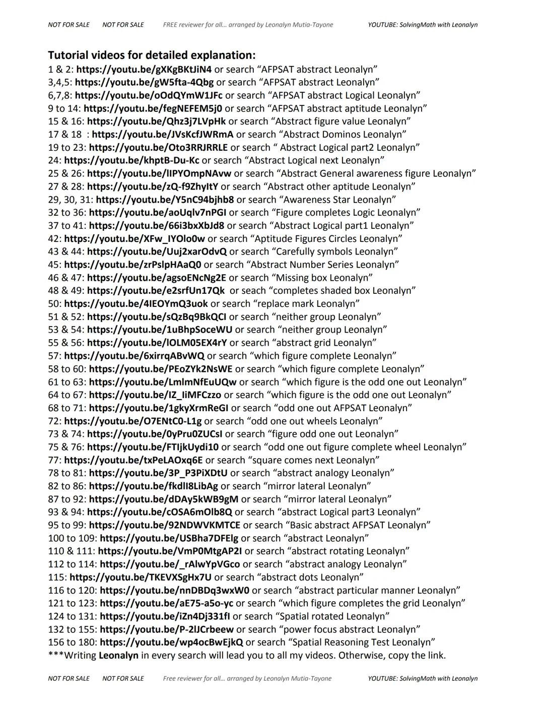 NOT FOR SALE NOT FOR SALE
FREE reviewer for all... arranged by Leonalyn Mutia-Tayone
YOUTUBE: SolvingMath with Leonalyn
ABTRACT
REASONING
in