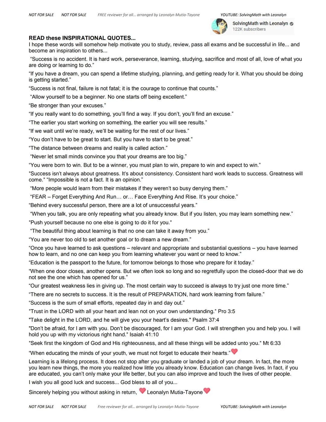 NOT FOR SALE NOT FOR SALE
FREE reviewer for all... arranged by Leonalyn Mutia-Tayone
YOUTUBE: SolvingMath with Leonalyn
ABTRACT
REASONING
in