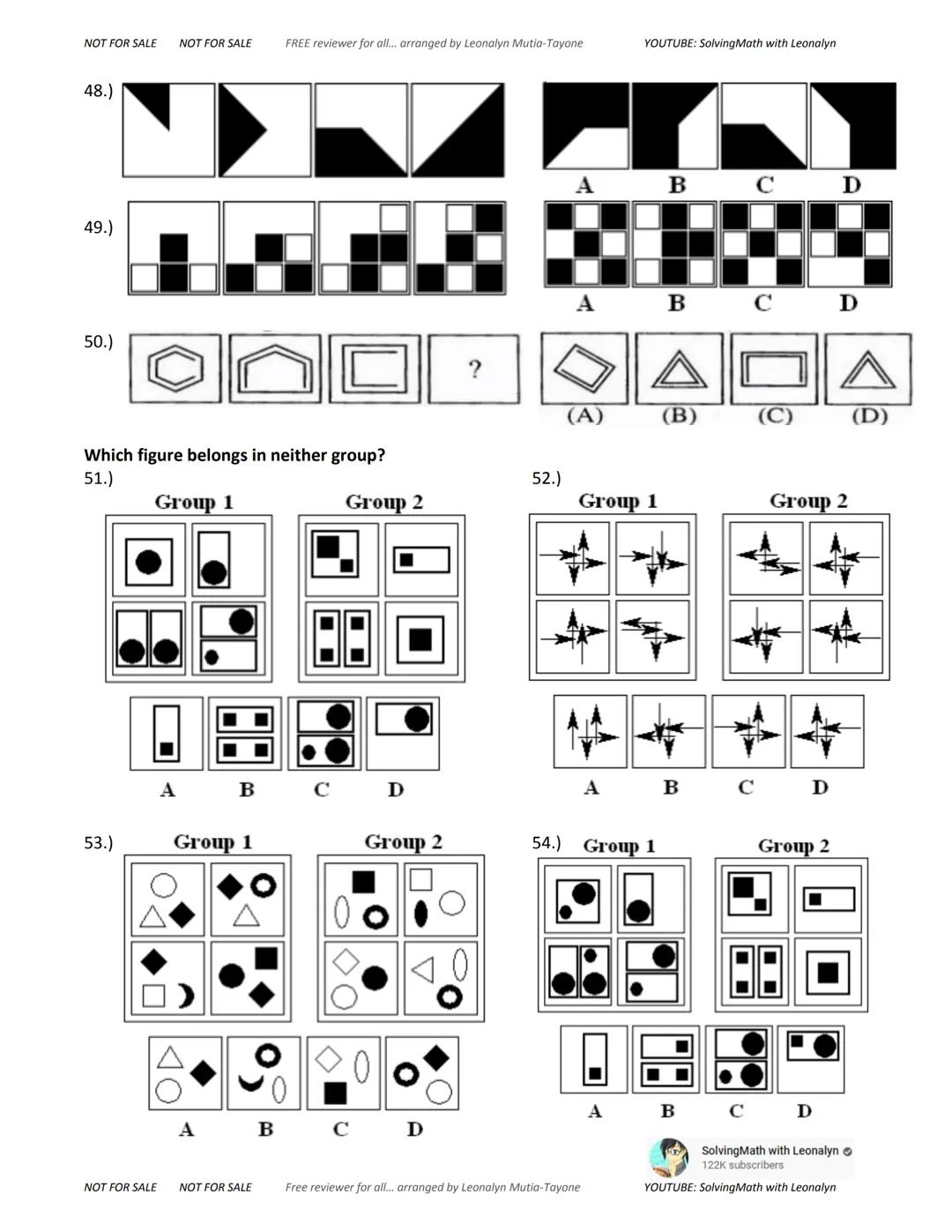 NOT FOR SALE NOT FOR SALE
FREE reviewer for all... arranged by Leonalyn Mutia-Tayone
YOUTUBE: SolvingMath with Leonalyn
ABTRACT
REASONING
in