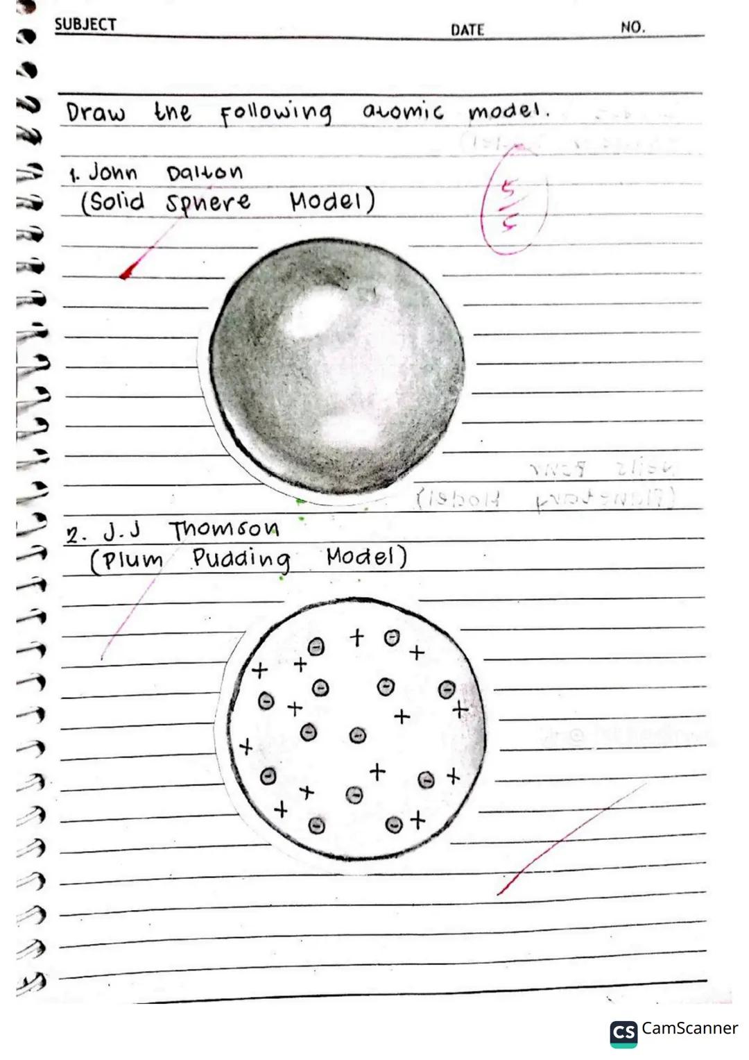 # SUBJECT
# DATE
# NO.
Draw the following atomic model.
1. John Dalton
(Solid sphere Model)
2. J.J Thomson
(Plum Pudding Model) SUBJECT