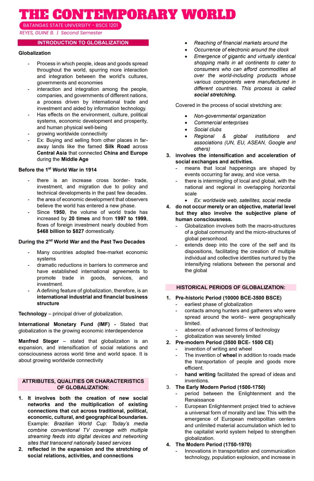 ## THE CONTEMPORARY WORLD
BATANGAS STATE UNIVERSITY - BSCE 1201
REYES, GUINE B. | Second Semester
### INTRODUCTION TO GLOBALIZATION
**Glob
