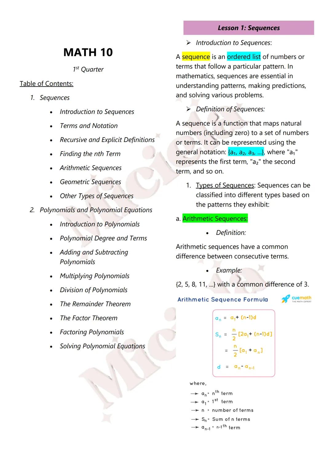 Miciela
ALL RIGHTS RESERVED MATH 10
Table of Contents:
1st Quarter
1. Sequences
Introduction to Sequences
Terms and Notation
Recursive and E
