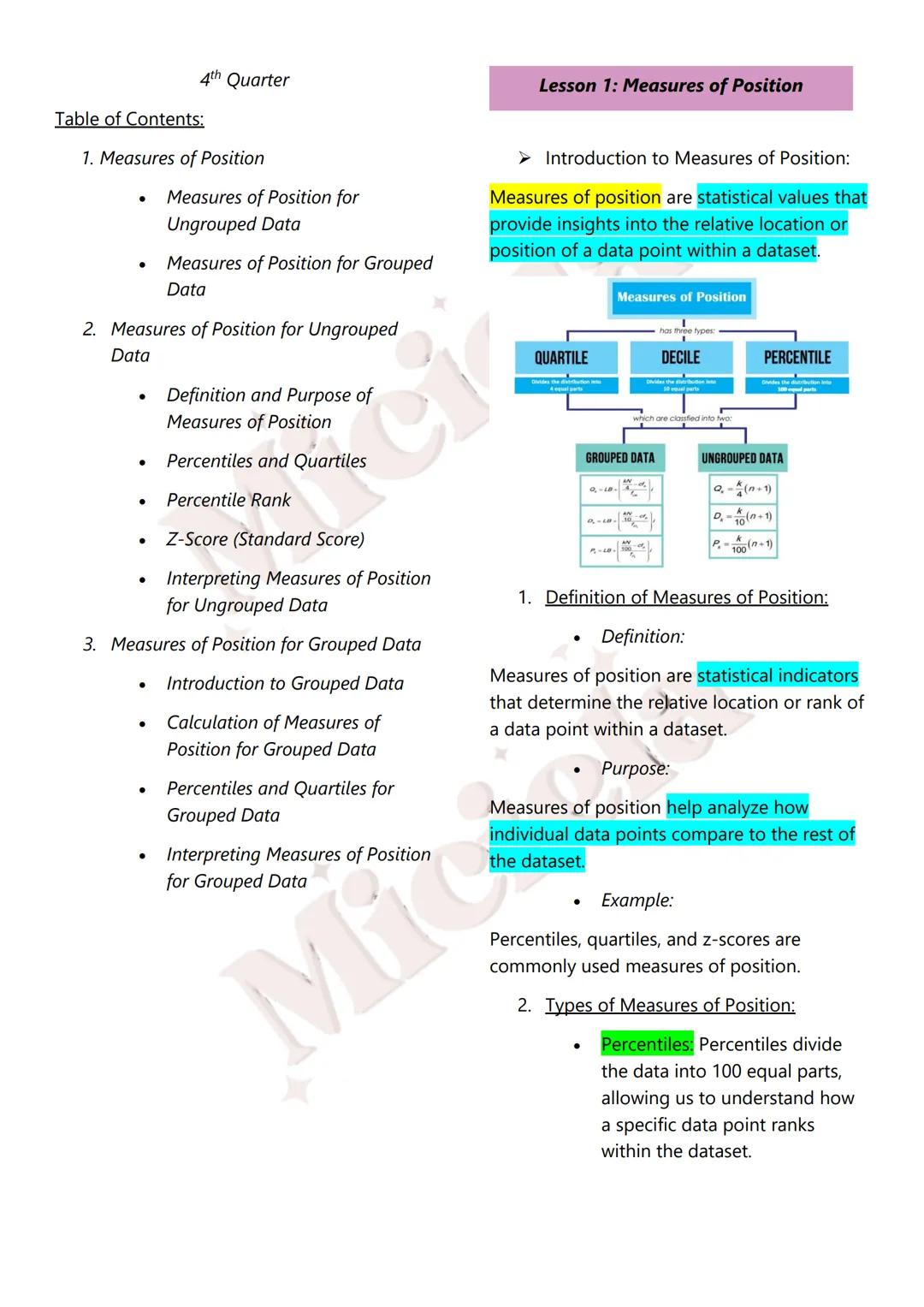 Miciela
ALL RIGHTS RESERVED MATH 10
Table of Contents:
1st Quarter
1. Sequences
Introduction to Sequences
Terms and Notation
Recursive and E