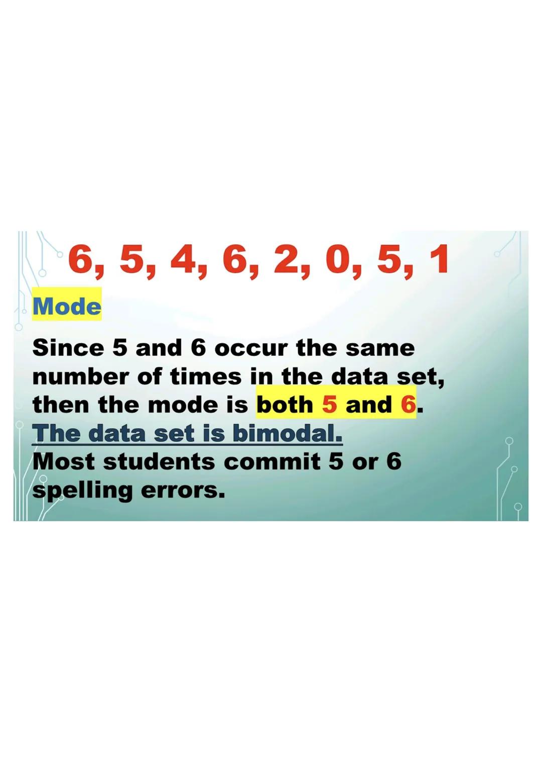 6,5,4,6,2,0,5,1
Mode
Since 5 and 6 occur the same
number of times in the data set,
then the mode is both 5 and 6.
The data set is bimodal.
M