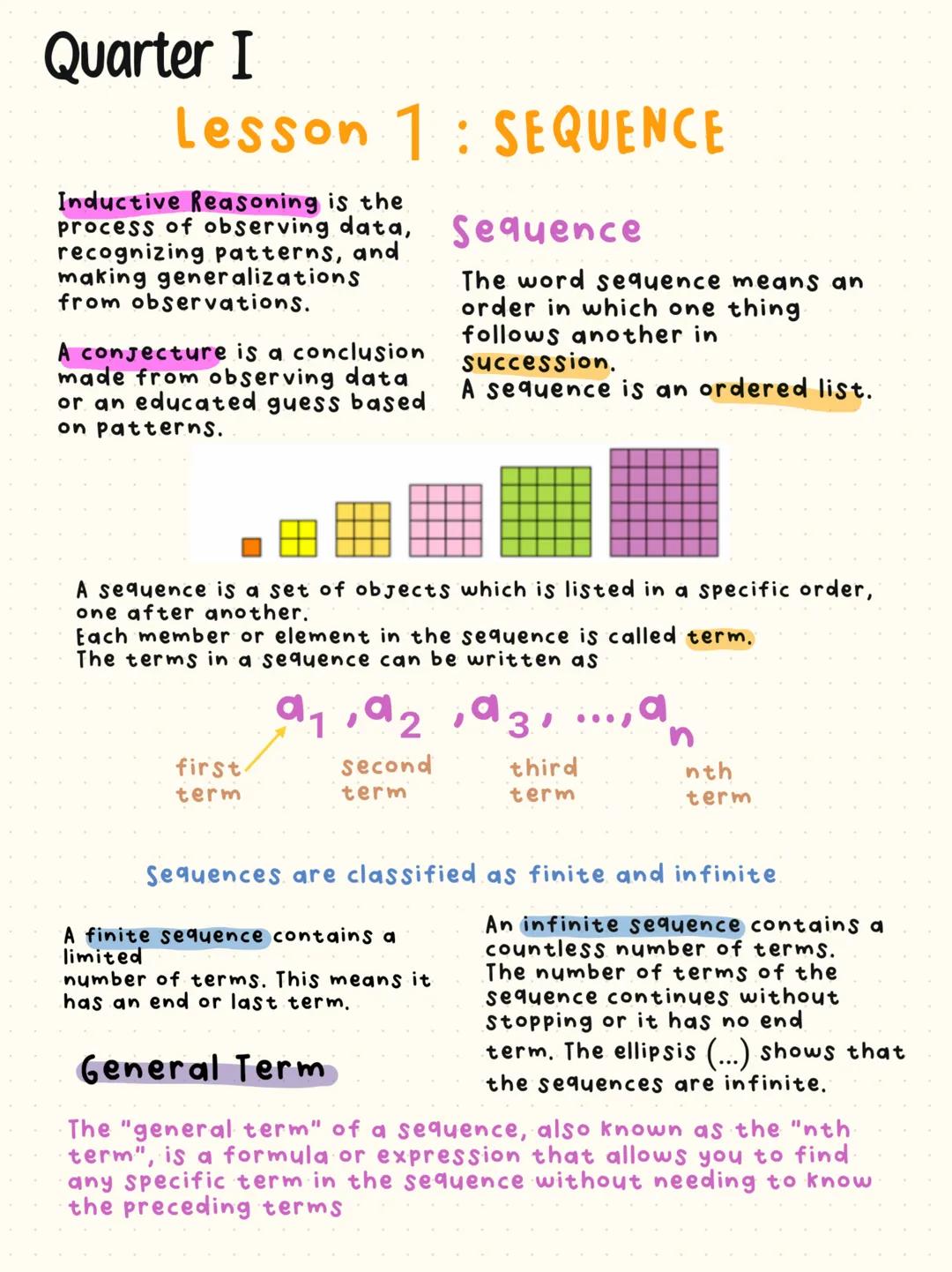 Quarter I
Lesson 1: SEQUENCE
Inductive Reasoning is the
process of observing data,
recognizing patterns, and
making generalizations
from obs