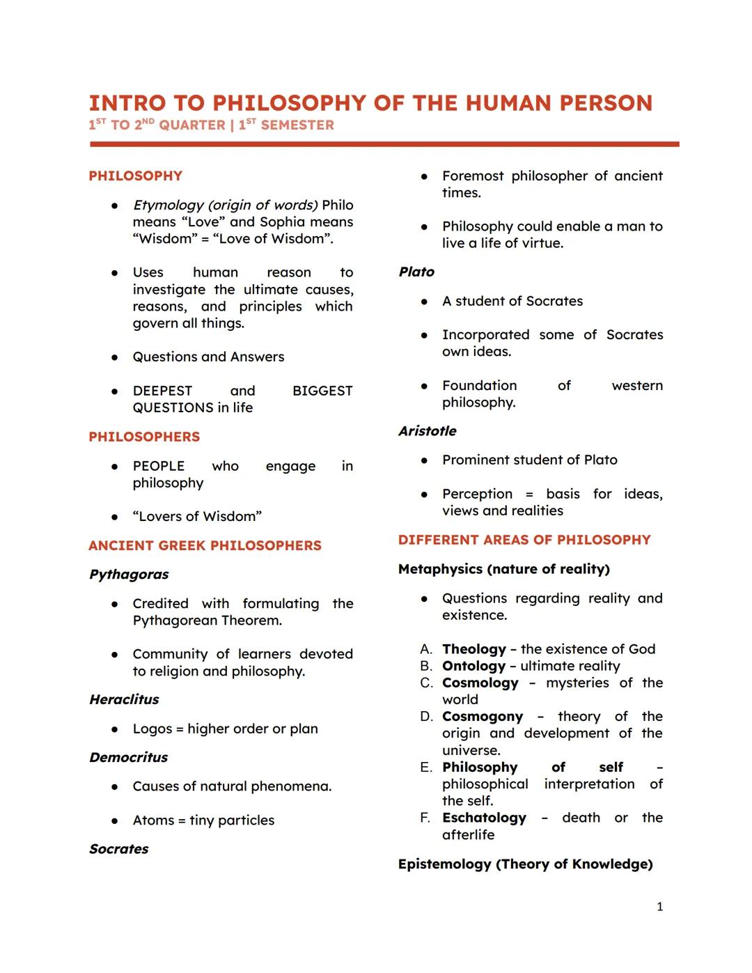 INTRO TO PHILOSOPHY OF THE HUMAN PERSON
1ST TO 2ND QUARTER | 1ST SEMESTER
PHILOSOPHY
• Etymology (origin of words) Philo means "Love" and So