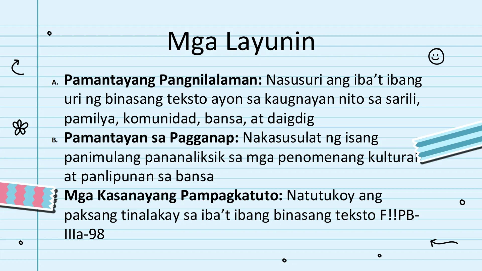 le
☆
Pagbasa at Pagsusuri
ng Iba't Ibang Teksto
Tungo sa
Pananaliksik
😊 UNANG
KWARTER NILALAMAN
PAMANTAYANG
PANGNILALAMAN
PAMANTAYAN SA PAG