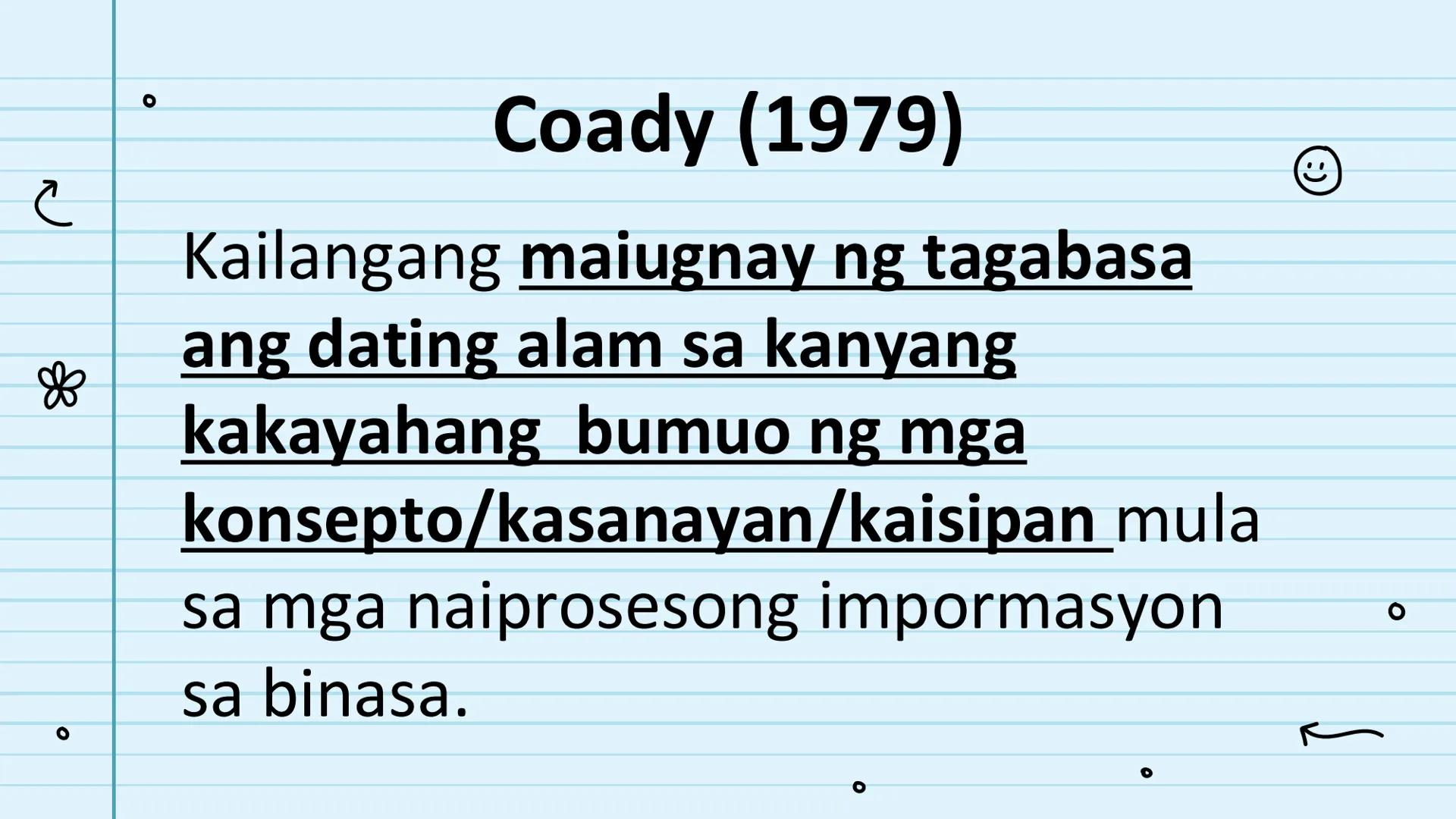 le
☆
Pagbasa at Pagsusuri
ng Iba't Ibang Teksto
Tungo sa
Pananaliksik
😊 UNANG
KWARTER NILALAMAN
PAMANTAYANG
PANGNILALAMAN
PAMANTAYAN SA PAG