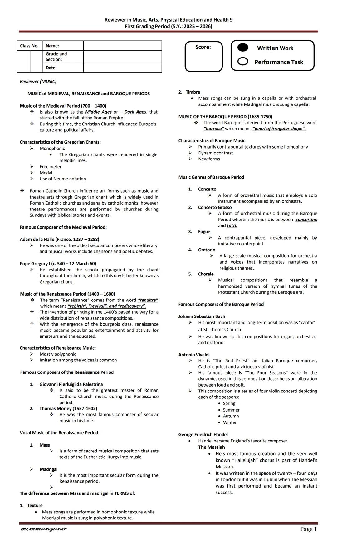 Reviewer in Music, Arts, Physical Education and Health 9
First Grading Period (S.Y.: 2025-2026)
Class No. Name:
Grade and
Section:
Date:
Rev