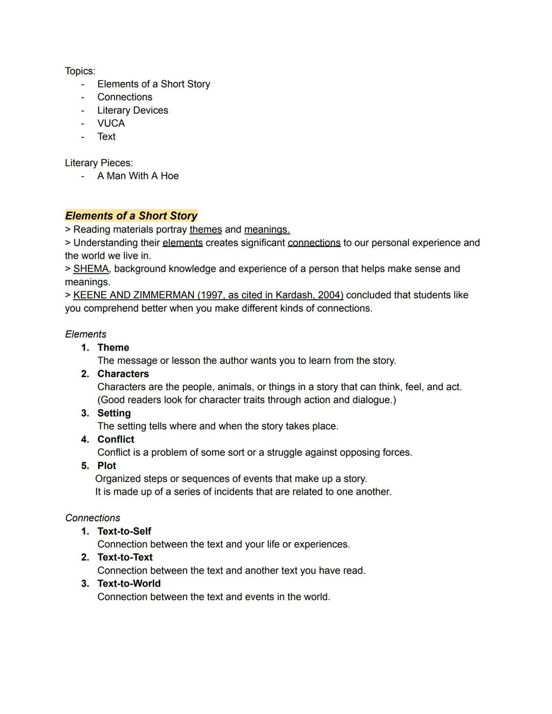 Tab 1 Topics:
- Elements of a Short Story
- Connections
- Literary Devices
- VUCA
- Text
Literary Pieces:
- A Man With A Hoe
Elements of a S