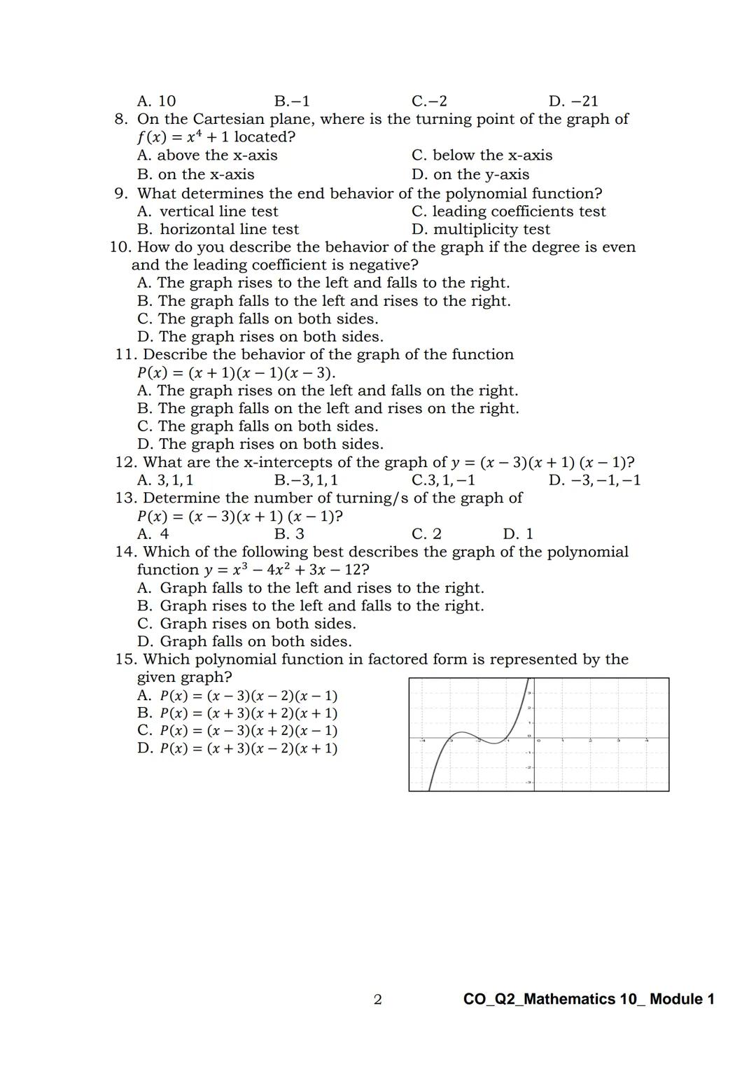 10
DepED
DEPARTMENT OF EDUCATION
Mathematics
Quarter 2 - Module 1:
Graphs of Polynomial
Functions
CO_Q2_Mathematics 10_Module 1
ALTERNATIVE