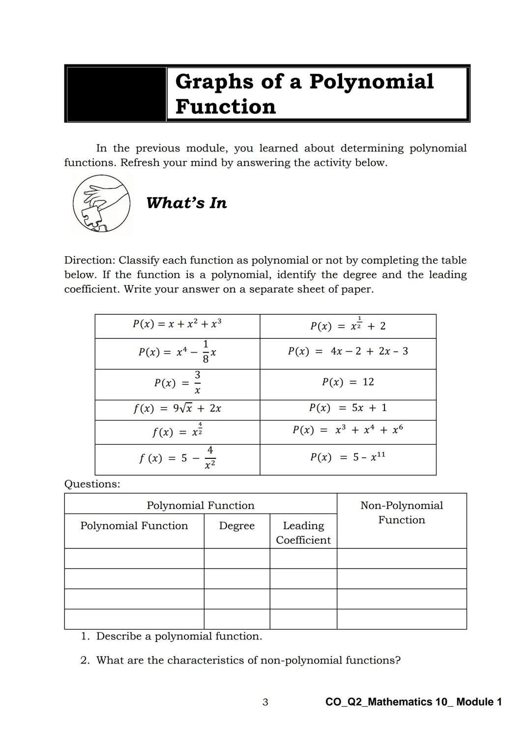 10
DepED
DEPARTMENT OF EDUCATION
Mathematics
Quarter 2 - Module 1:
Graphs of Polynomial
Functions
CO_Q2_Mathematics 10_Module 1
ALTERNATIVE