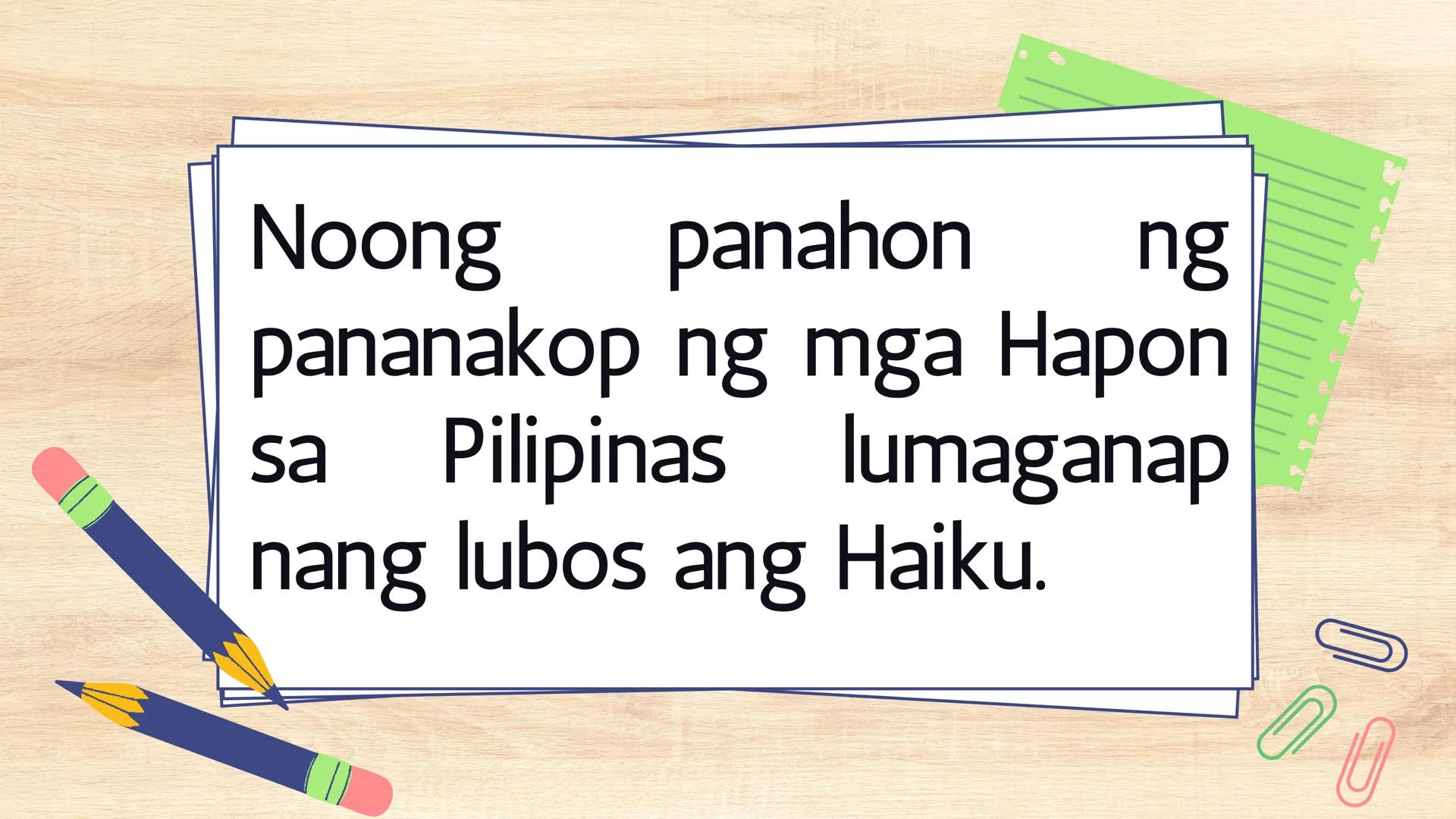 # FILIPINO 9
Ikalawang Markahan MGA KASANAYANG DAPAT MONG MATUTUHAN:
• Nasusuri ang pagkakaiba at pagkakatulad ng estilo ng pagbuo ng tanka