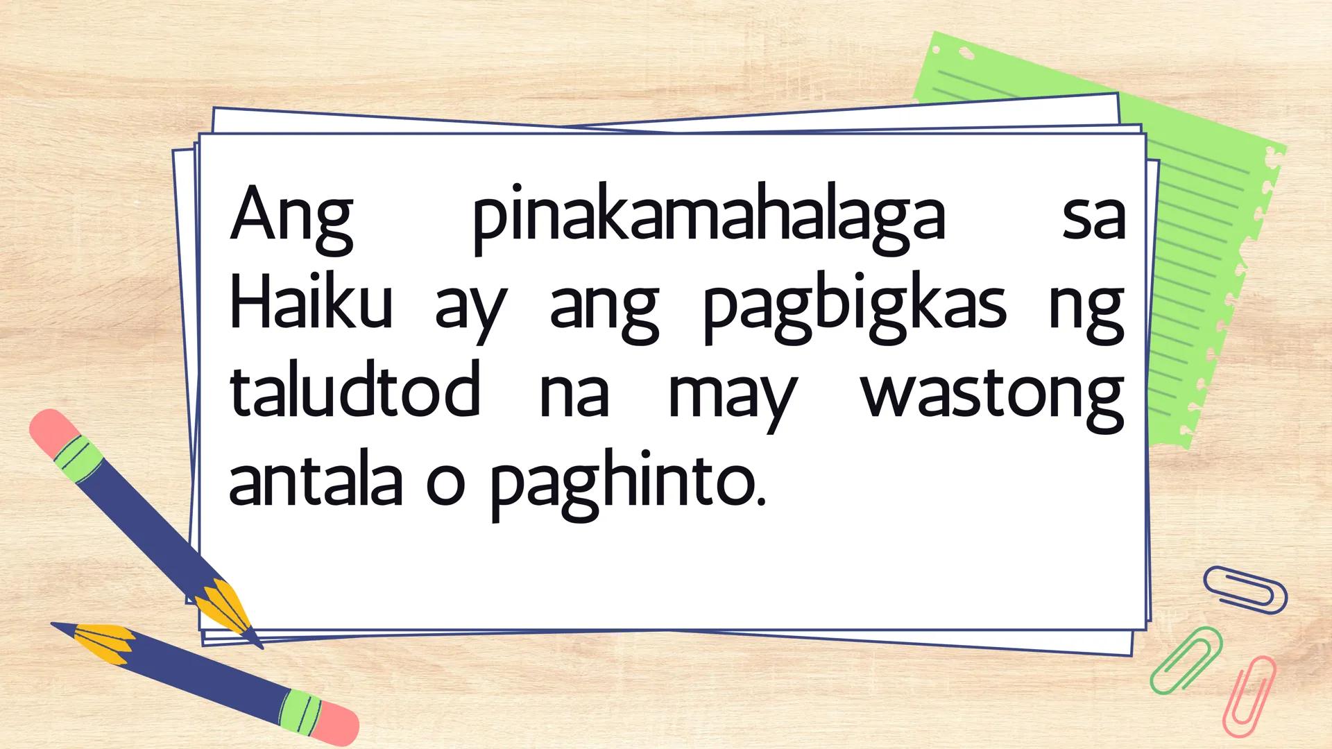 # FILIPINO 9
Ikalawang Markahan MGA KASANAYANG DAPAT MONG MATUTUHAN:
• Nasusuri ang pagkakaiba at pagkakatulad ng estilo ng pagbuo ng tanka