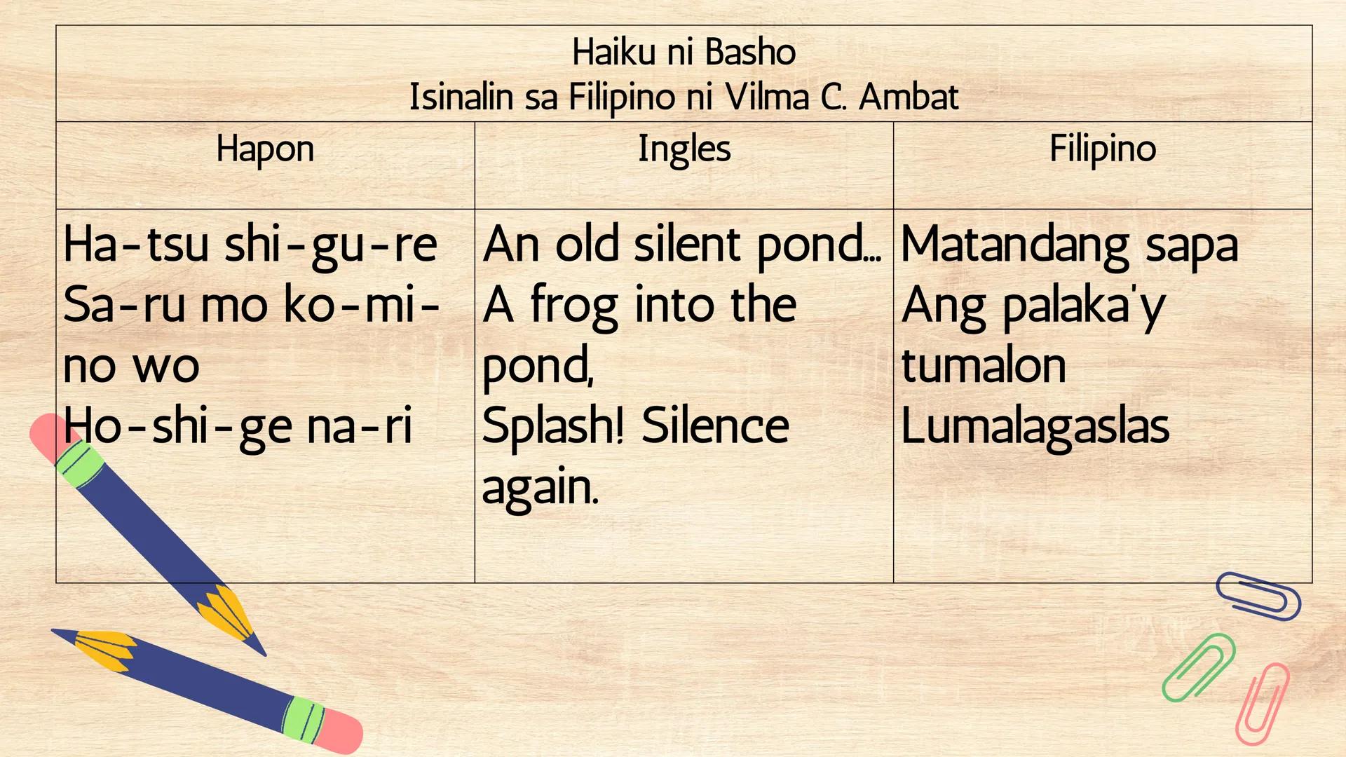 # FILIPINO 9
Ikalawang Markahan MGA KASANAYANG DAPAT MONG MATUTUHAN:
• Nasusuri ang pagkakaiba at pagkakatulad ng estilo ng pagbuo ng tanka