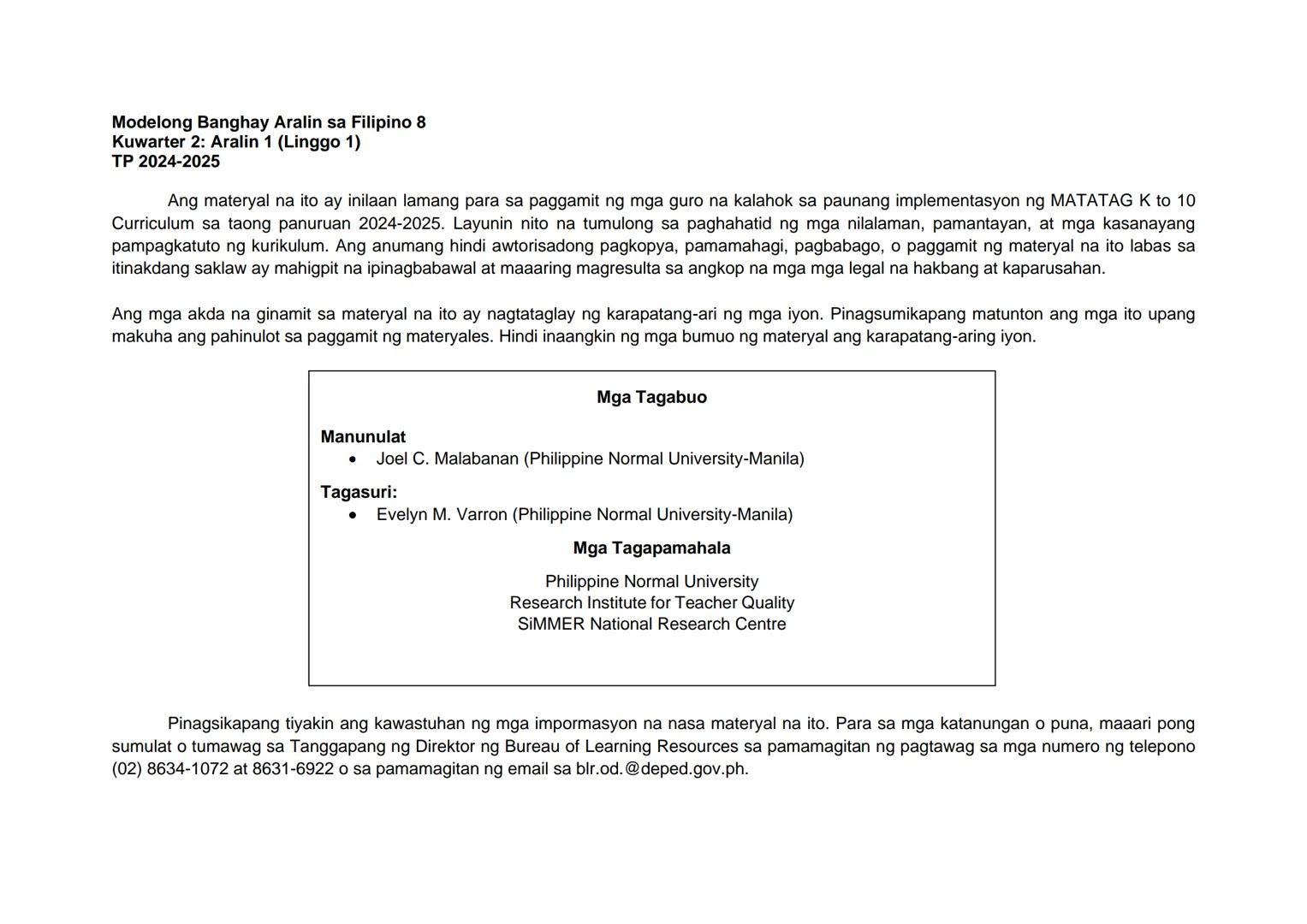 8
Modelong Banghay Aralin
sa Filipino
Kuwarter 2
Aralin
1
IMPLEMENTATION OF THE MATATAG K TO 10 CURRICULUM
DepED
DEPARTMENT OF EDUCATION
PAG