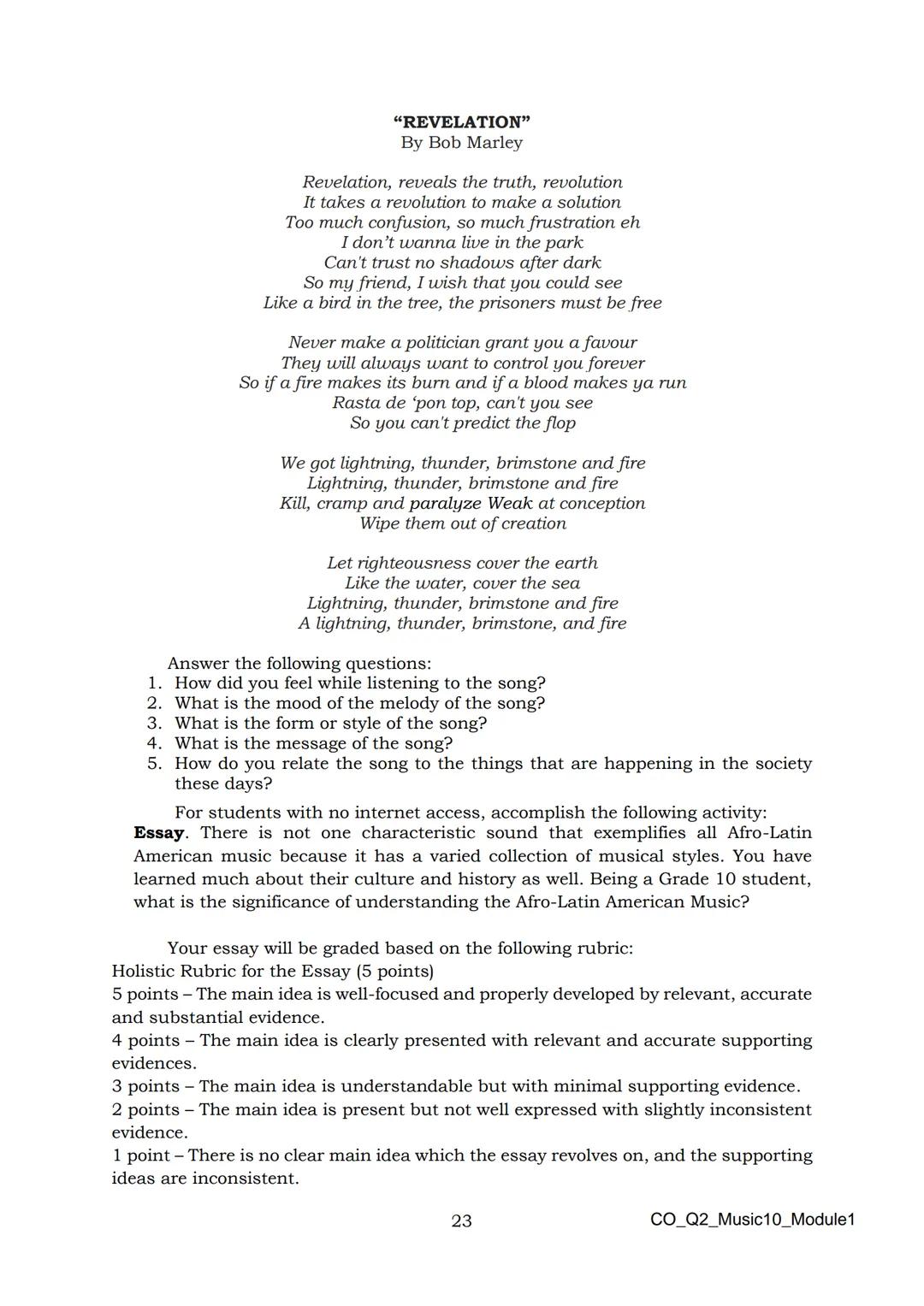 10
DepED
DEPARTMENT OF EDUCATION
Music
Quarter 2 - Module 1:
Afro-Latin American
and Popular Music
CO_Q2_Music10_Module1
ALTERNATIVE DELI