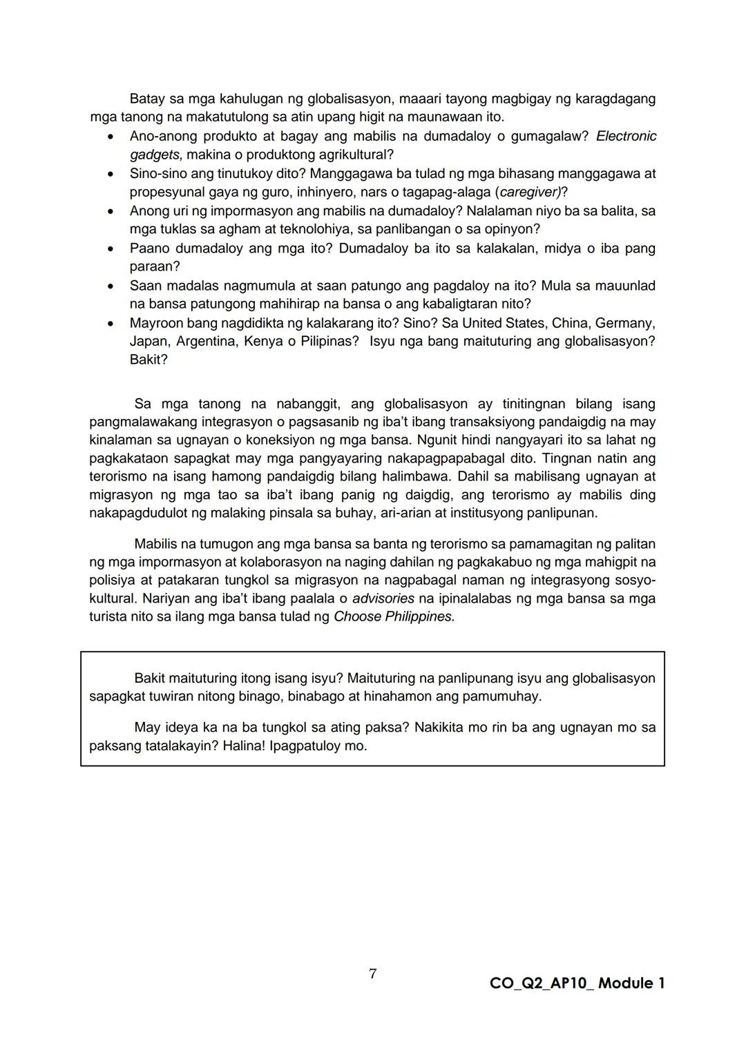 10
DepED
DEPARTMENT OF EDUCATION
Araling Panlipunan
Ikalawang Markahan – Modyul 1:
Globalisasyon
CO_Q2_AP10_ Module 1
ALTERNATIVE DELIVE