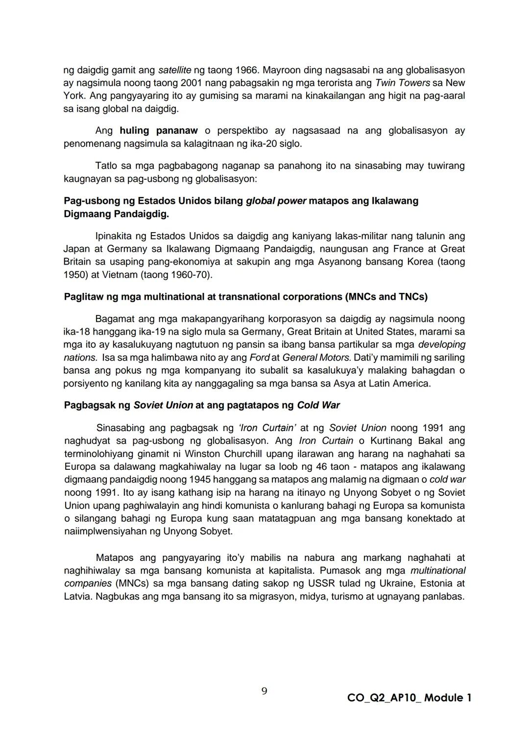 10
DepED
DEPARTMENT OF EDUCATION
Araling Panlipunan
Ikalawang Markahan – Modyul 1:
Globalisasyon
CO_Q2_AP10_ Module 1
ALTERNATIVE DELIVE