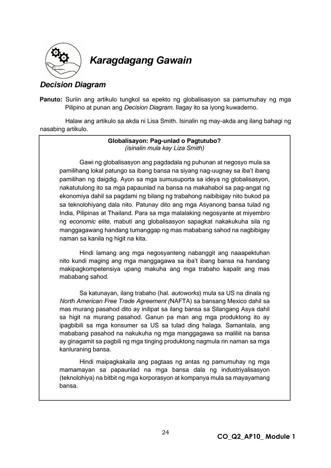 10
DepED
DEPARTMENT OF EDUCATION
Araling Panlipunan
Ikalawang Markahan – Modyul 1:
Globalisasyon
CO_Q2_AP10_ Module 1
ALTERNATIVE DELIVE