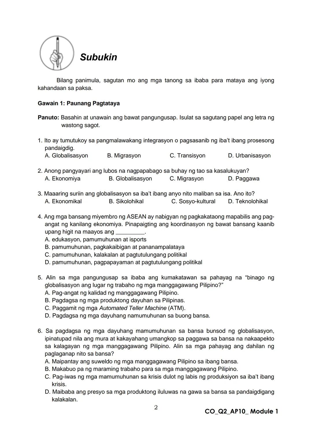 10
DepED
DEPARTMENT OF EDUCATION
Araling Panlipunan
Ikalawang Markahan – Modyul 1:
Globalisasyon
CO_Q2_AP10_ Module 1
ALTERNATIVE DELIVE