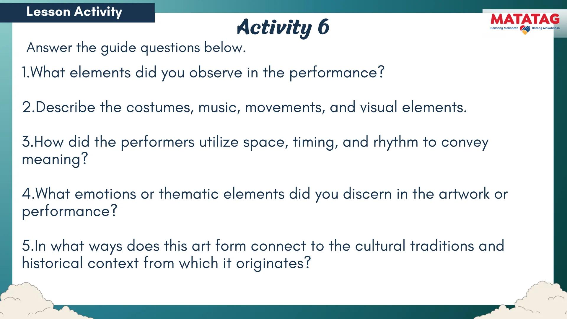 DepED
Q2 Music and Arts Week 3-4
TRADITIONAL
MATATAG
Bansang Makabata Batang Makabansa
ASIAN FOLK ARTS
AND NEW CREATIVE
TRENDS # Learn