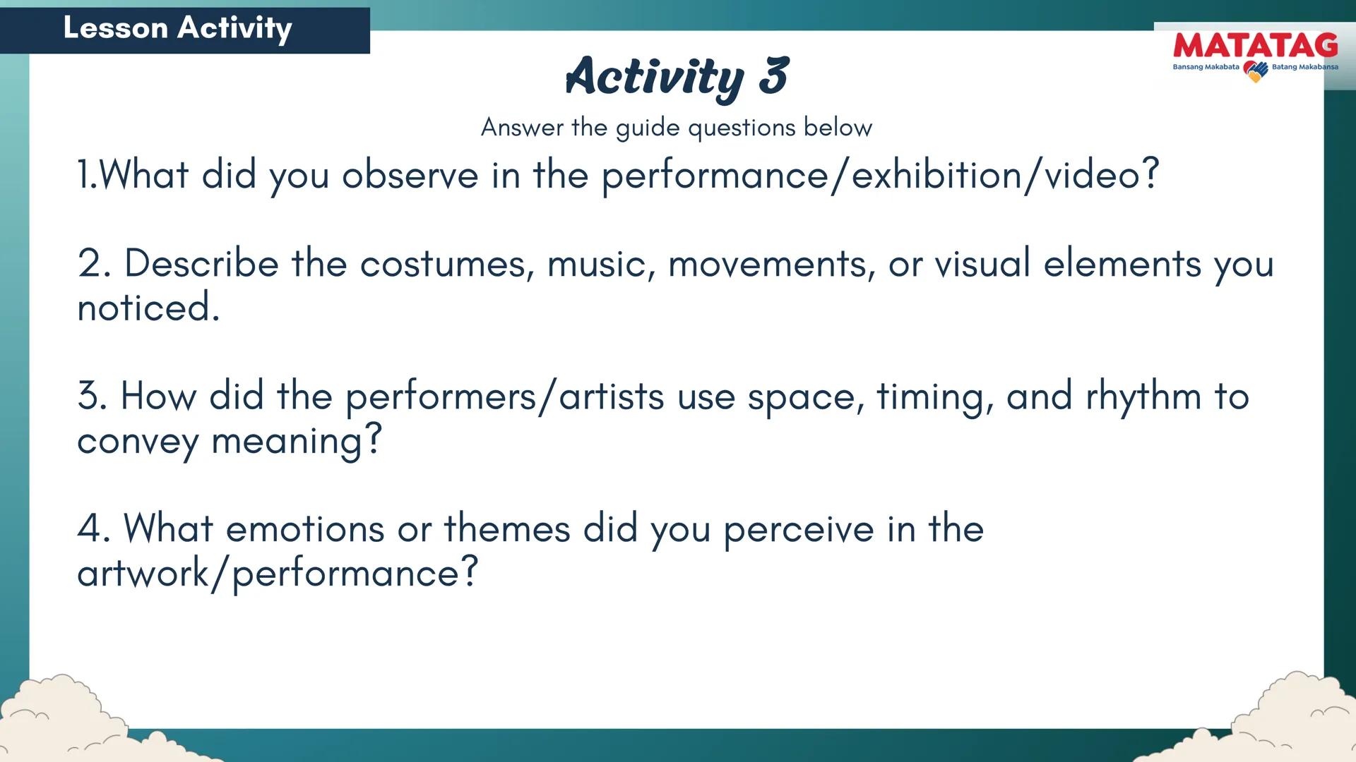 DepED
Q2 Music and Arts Week 3-4
TRADITIONAL
MATATAG
Bansang Makabata Batang Makabansa
ASIAN FOLK ARTS
AND NEW CREATIVE
TRENDS # Learn