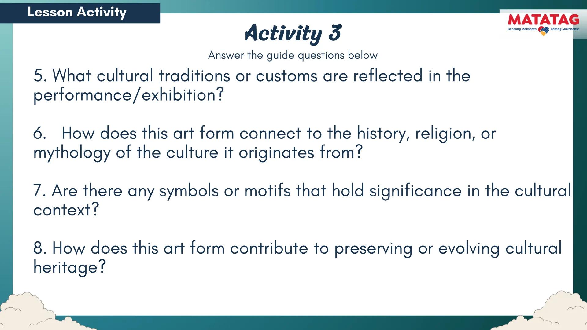 DepED
Q2 Music and Arts Week 3-4
TRADITIONAL
MATATAG
Bansang Makabata Batang Makabansa
ASIAN FOLK ARTS
AND NEW CREATIVE
TRENDS # Learn