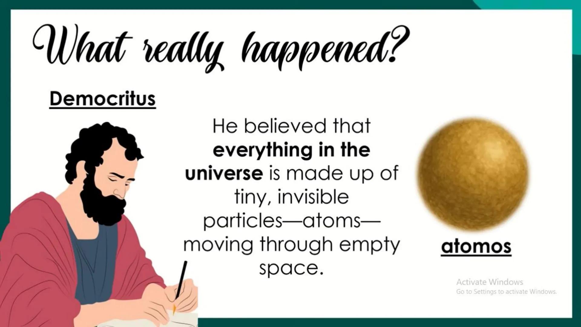 # Development of Atomic Theory
1. The idea of Atoms from Democritus to Dalton
2. Laws of Matter
3. The Discovery of Electrons by J.J. Thoms