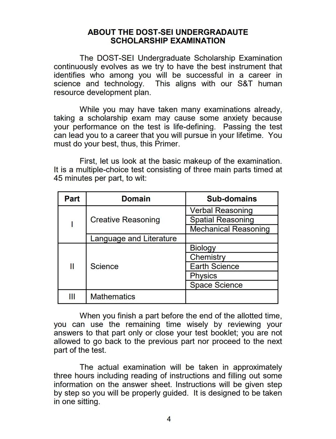 NOT FOR SALE
PRIMER
on the DOST-SEI
Science and Technology
UNDERGRADUATE
SCHOLARSHIP
ΕΧΑΜΙΝΑΤΙΟΝ
Department of Science and Technology
S