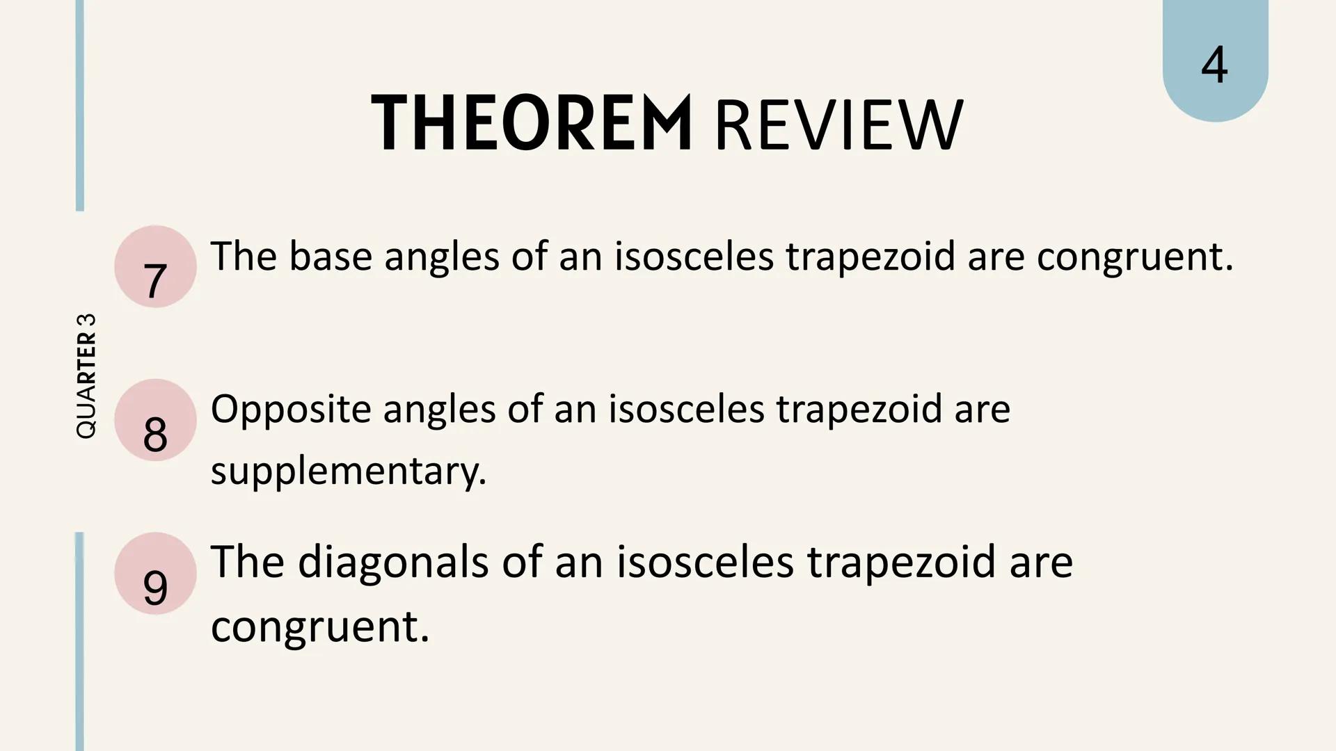 # THEOREMS
ON
# KITES KITES
is a quadrilateral in
which two pairs of
adjacent sides are equal.
||
QUARTER 3
1 QUARTER 3
# THEOREM REVIEW