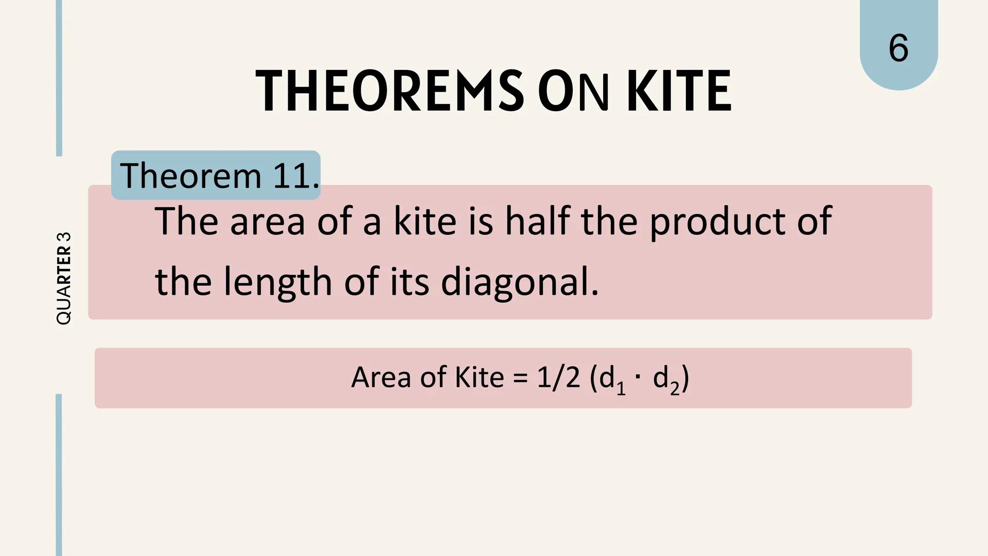 # THEOREMS
ON
# KITES KITES
is a quadrilateral in
which two pairs of
adjacent sides are equal.
||
QUARTER 3
1 QUARTER 3
# THEOREM REVIEW