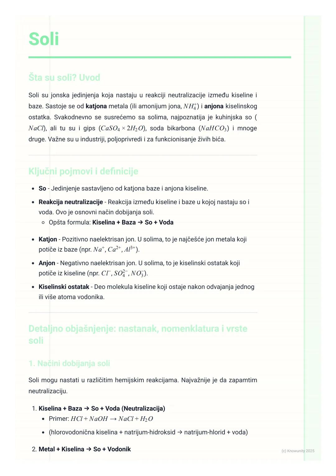 # Soli
Šta su soli? Uvod
Soli su jonska jedinjenja koja nastaju u reakciji neutralizacije između kiseline i
baze. Sastoje se od katjona me