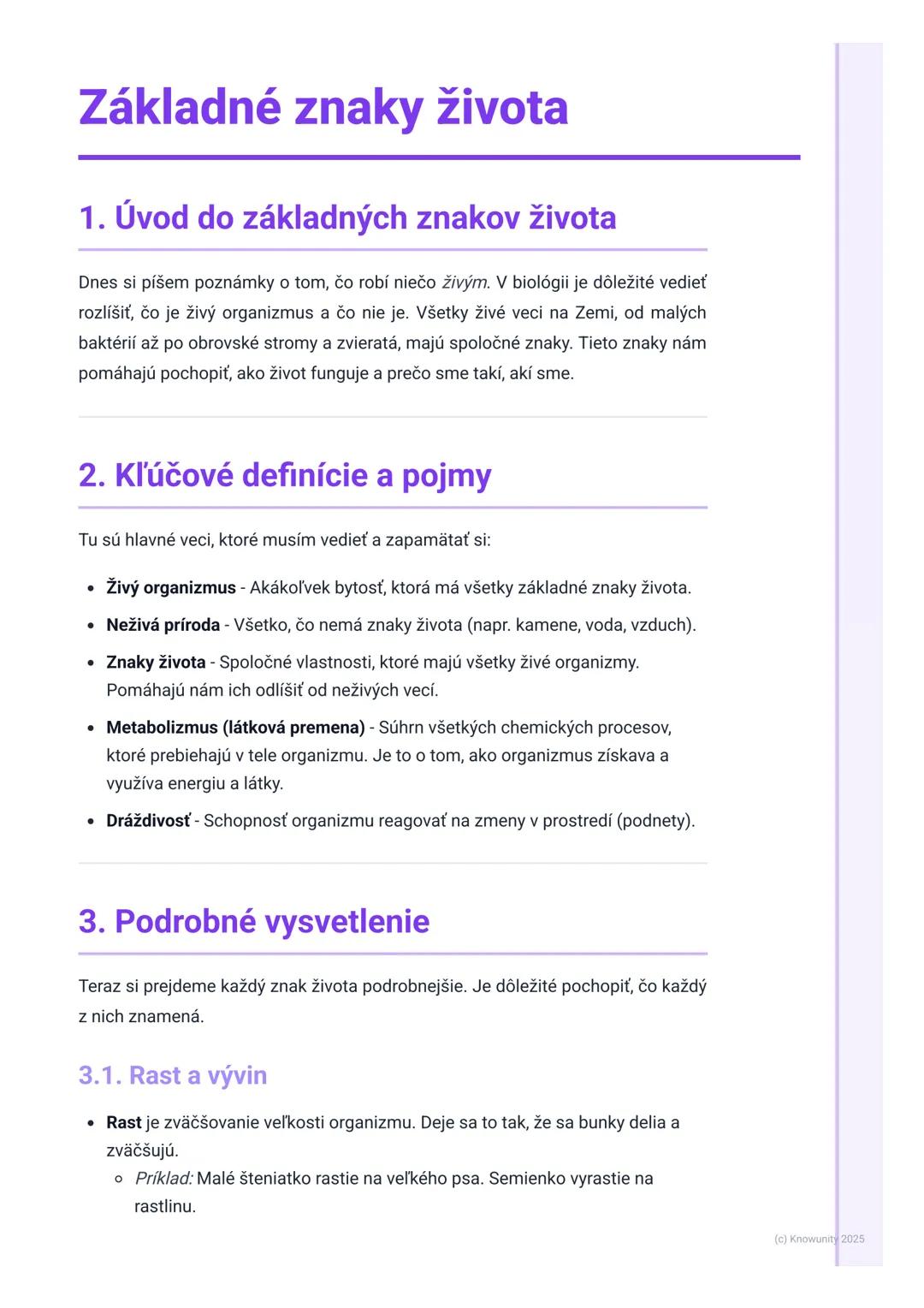 # Základné znaky života
1. Úvod do základných znakov života
Dnes si píšem poznámky o tom, čo robí niečo živým. V biológii je dôležité vedi