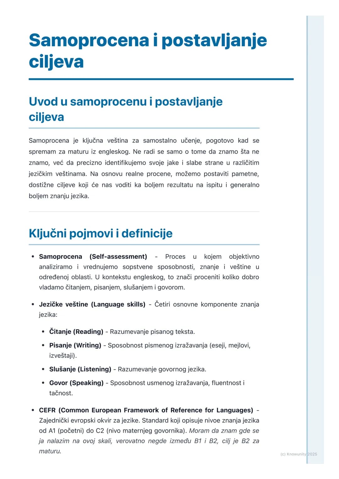 # Samoprocena i postavljanje
ciljeva
Uvod u samoprocenu i postavljanje
ciljeva
Samoprocena je ključna veština za samostalno učenje, pogoto