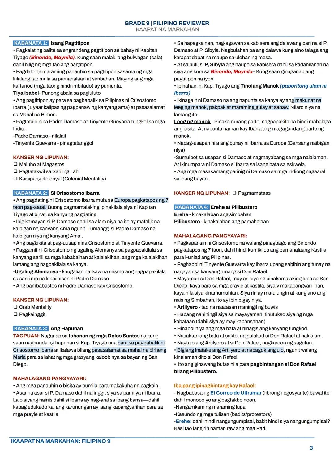 GRADE 9 | FILIPINO REVIEWER
IKAAPAT NA MARKAHAN
NOLI ME TANGERE
I. KASAYSAYAN
Ang Noli Me Tángere ay isang nobelang isinulat ni Dr. Jose Riz