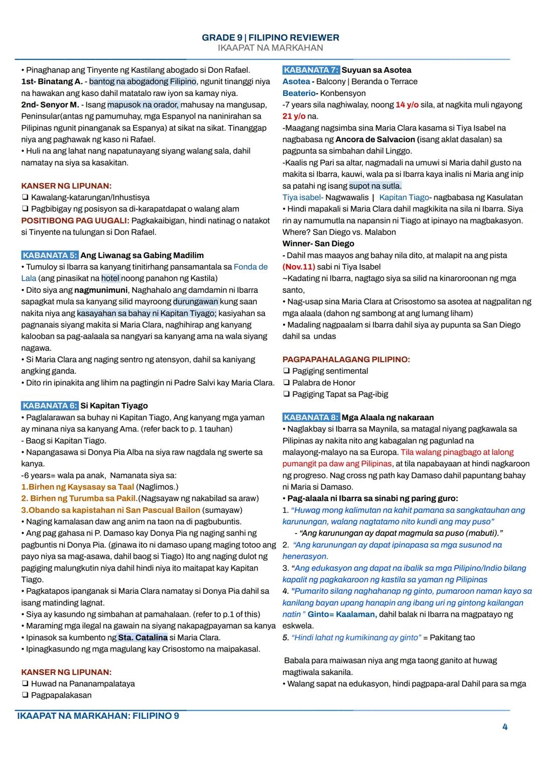 GRADE 9 | FILIPINO REVIEWER
IKAAPAT NA MARKAHAN
NOLI ME TANGERE
I. KASAYSAYAN
Ang Noli Me Tángere ay isang nobelang isinulat ni Dr. Jose Riz
