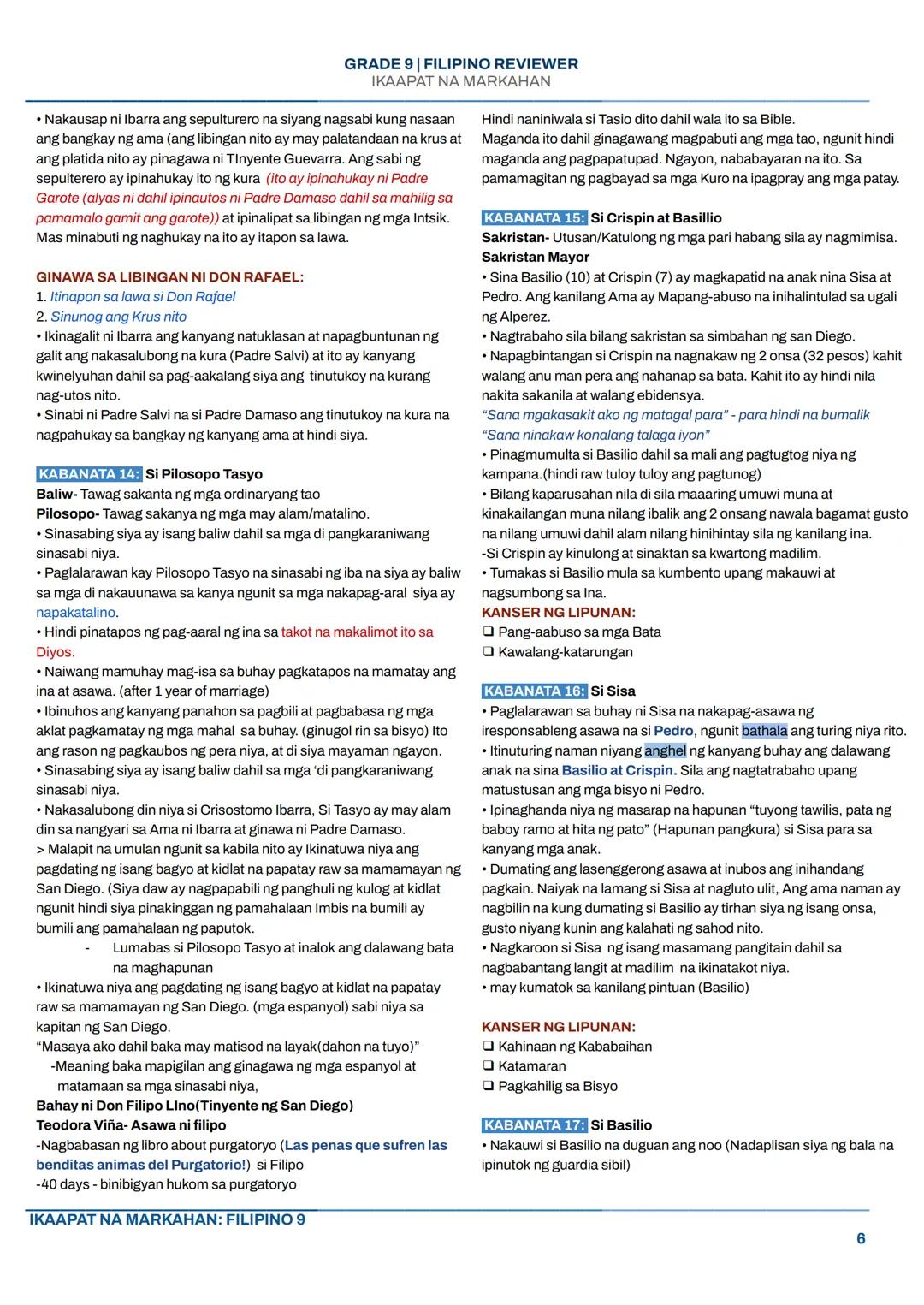 GRADE 9 | FILIPINO REVIEWER
IKAAPAT NA MARKAHAN
NOLI ME TANGERE
I. KASAYSAYAN
Ang Noli Me Tángere ay isang nobelang isinulat ni Dr. Jose Riz
